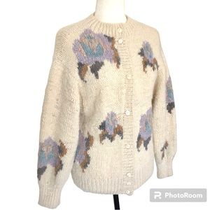 Hand Knit Wool Floral Cardigan Cream Sweater
